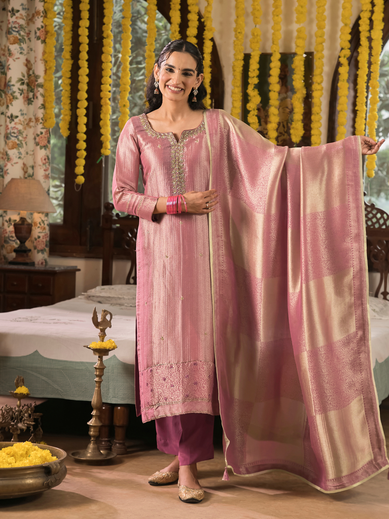 Dusky Pink Jamawar Silk Unstitched Suit Set with Golden Embroidery