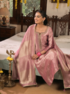 Dusky Pink Jamawar Silk Unstitched Suit Set with Golden Embroidery