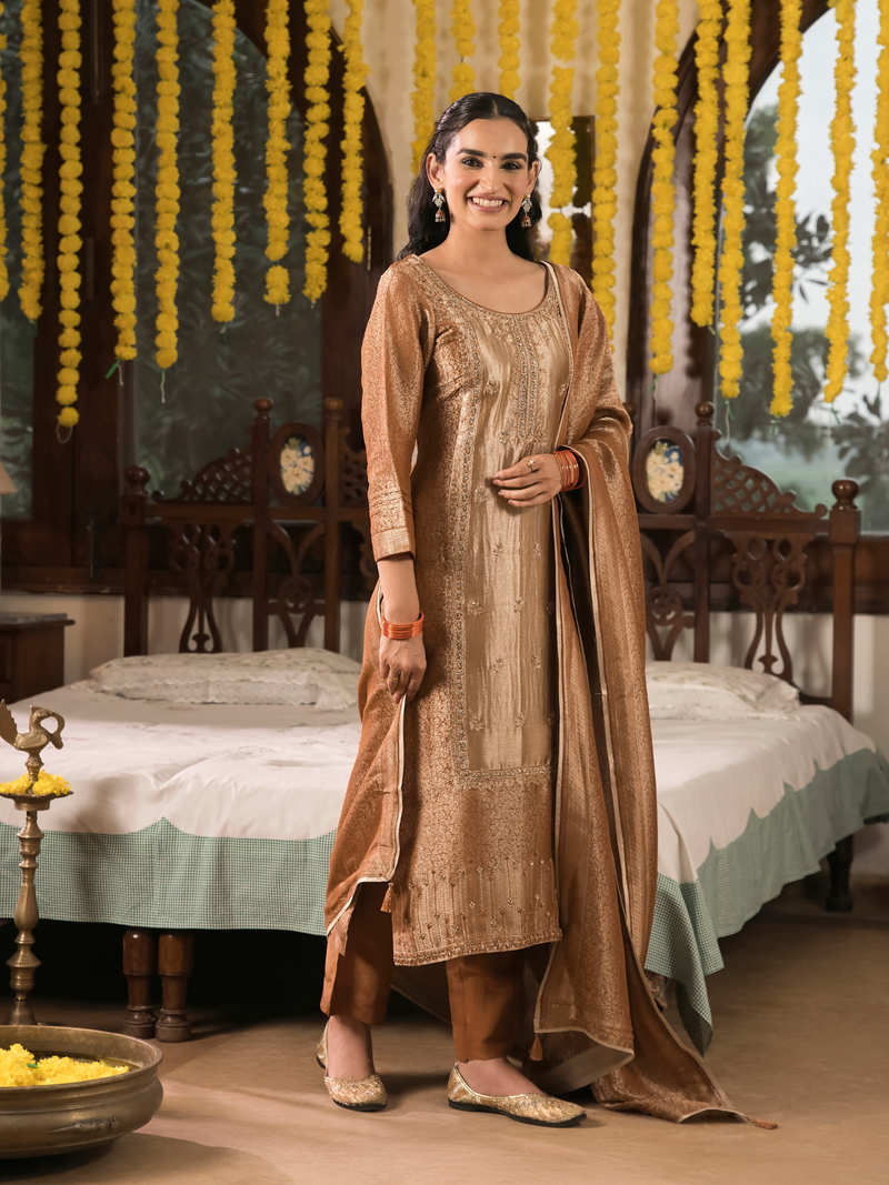 Burnt Tangrine Jamawar Silk Unstitched Suit Set with Golden Embroidery