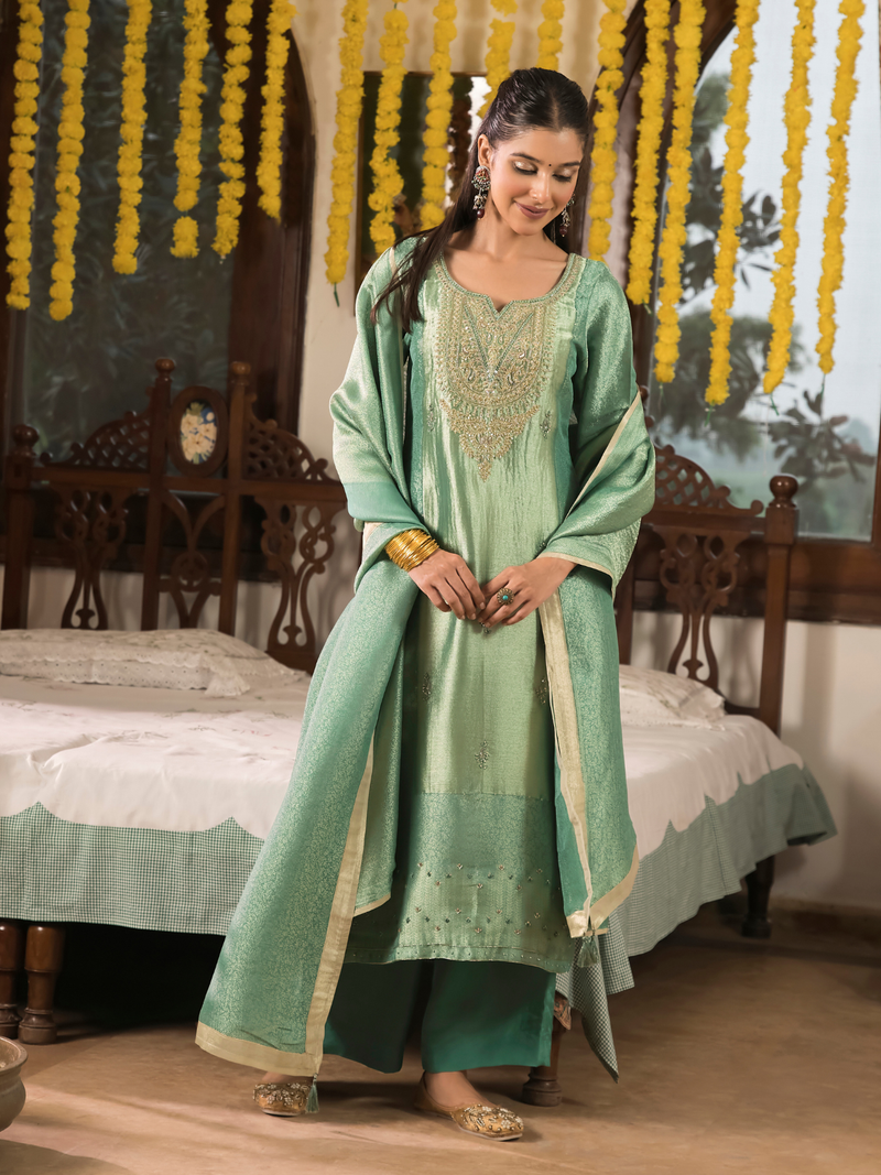 Teal Green Jamawar Silk Unstitched Suit Set with Golden Embroidery