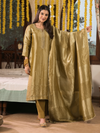 Gold Mustard Jamawar Silk Unstitched Suit Set with Golden Embroidery