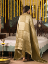 Gold Mustard Jamawar Silk Unstitched Suit Set with Golden Embroidery