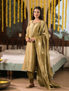 Gold Mustard Jamawar Silk Unstitched Suit Set with Golden Embroidery