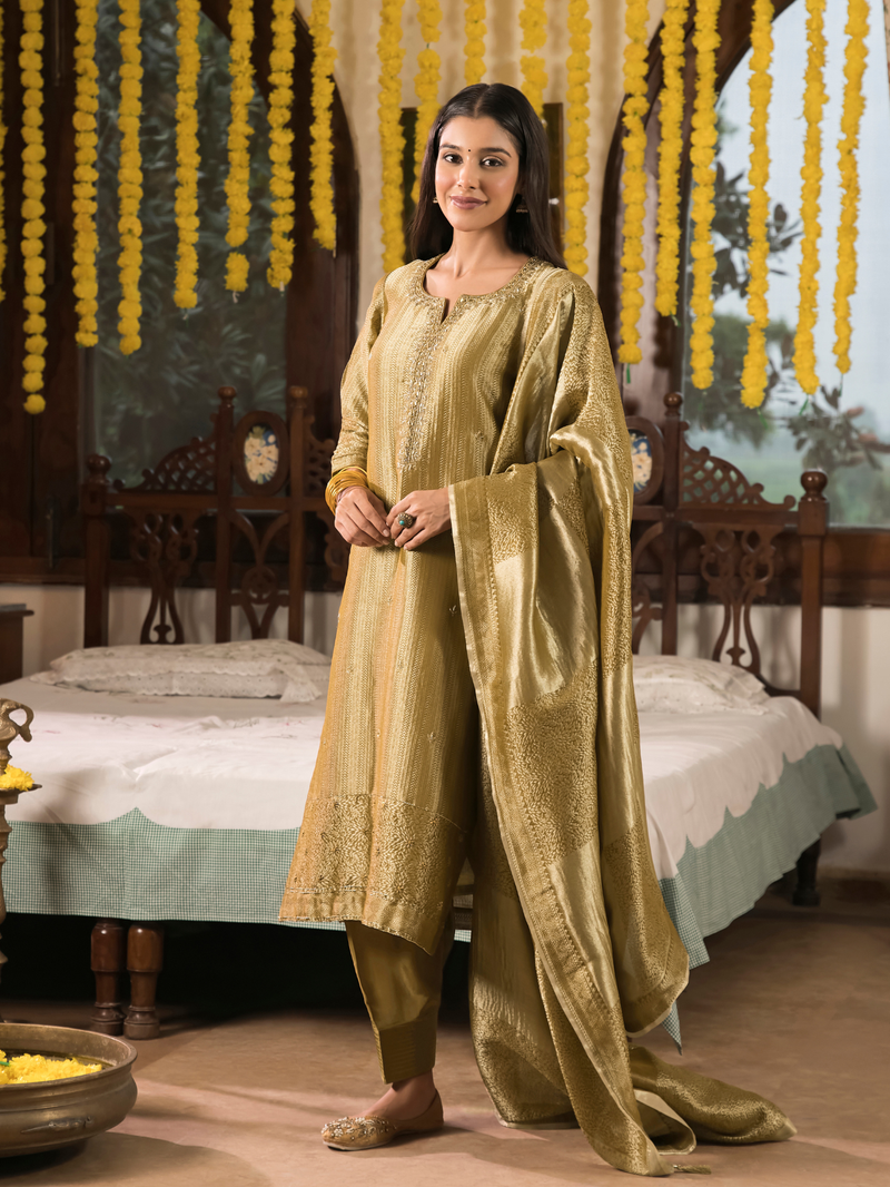 Gold Mustard Jamawar Silk Unstitched Suit Set with Golden Embroidery