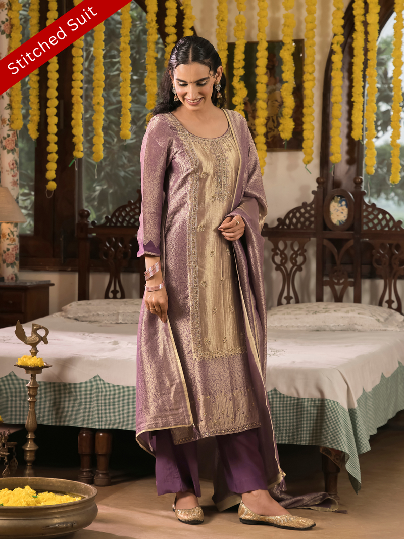 Dusky Plum Jamawar Silk Stitched Suit Set with Golden Embroidery