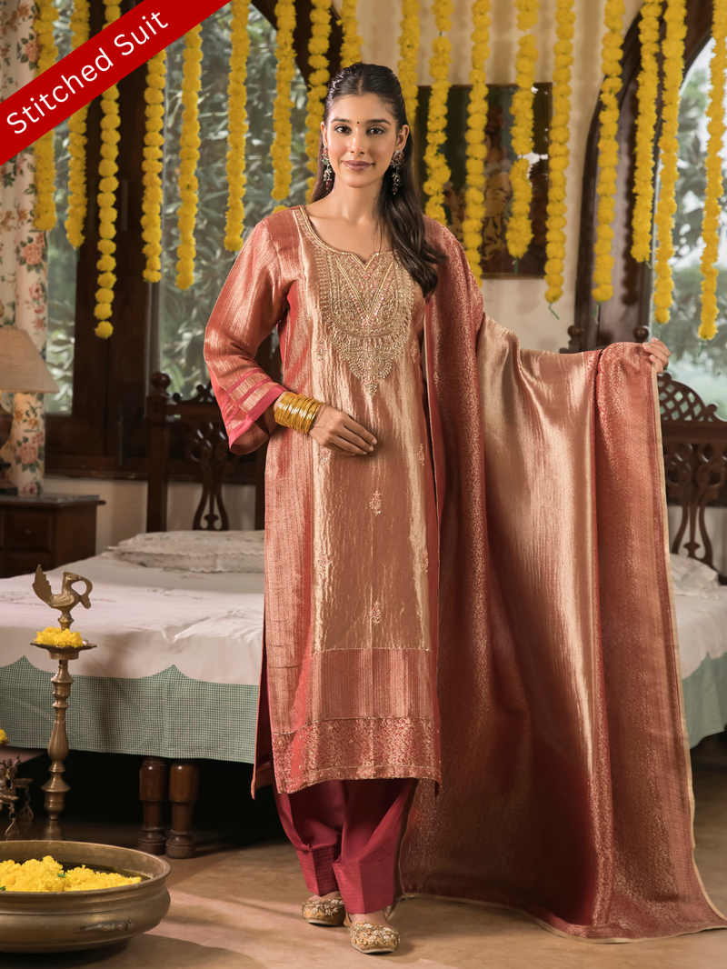 Sage Red Jamawar Silk Stitched Suit Set with Golden Embroidery