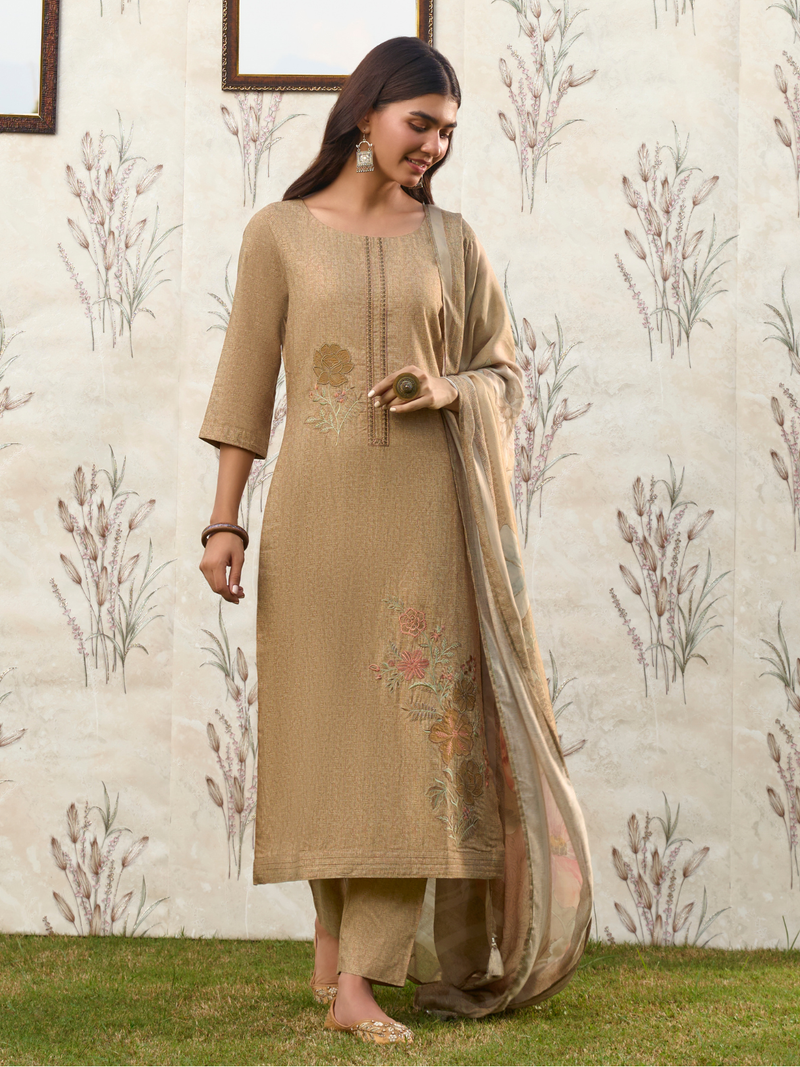 Beige Printed Cottswool Embroidered Unstitched Suit Set with Shawl