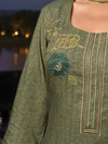 Olive Green Printed Cottswool Hand-Embroidered Unstitched Suit Set with shawl