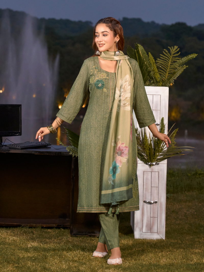 Olive Green Printed Cottswool Hand-Embroidered Unstitched Suit Set with shawl