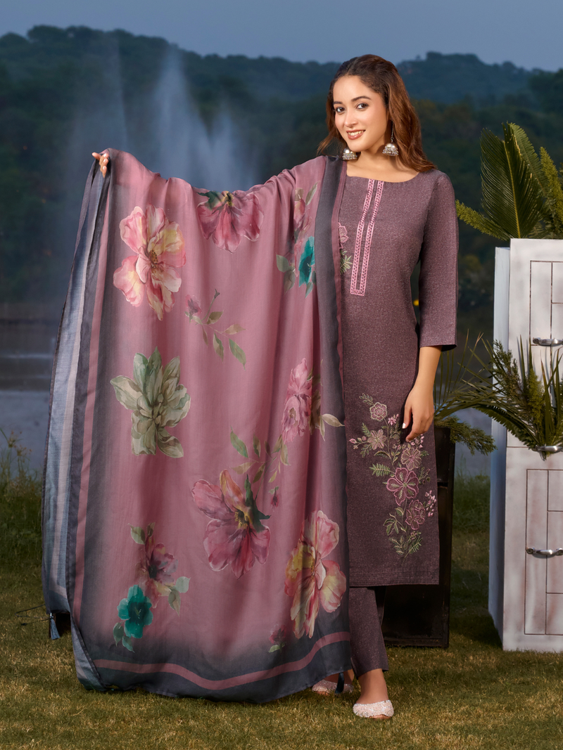 Dusky Pink Printed Cottswool Embroidered Unstitched Suit Set with Shawl