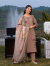 Coral Light Peach Printed Cottswool Hand-Embroidered Unstitched Suit Set with Shawl