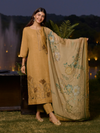 Mustard Printed Embroidered Cottswool Unstitched Suit Set with Shawl