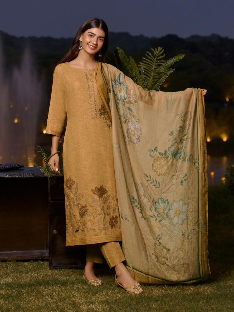 Mustard Printed Embroidered Cottswool Unstitched Suit Set with Shawl
