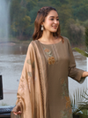 Light Mocha Printed Cottswool Embroidered Unstitched Suit Set with Shawl