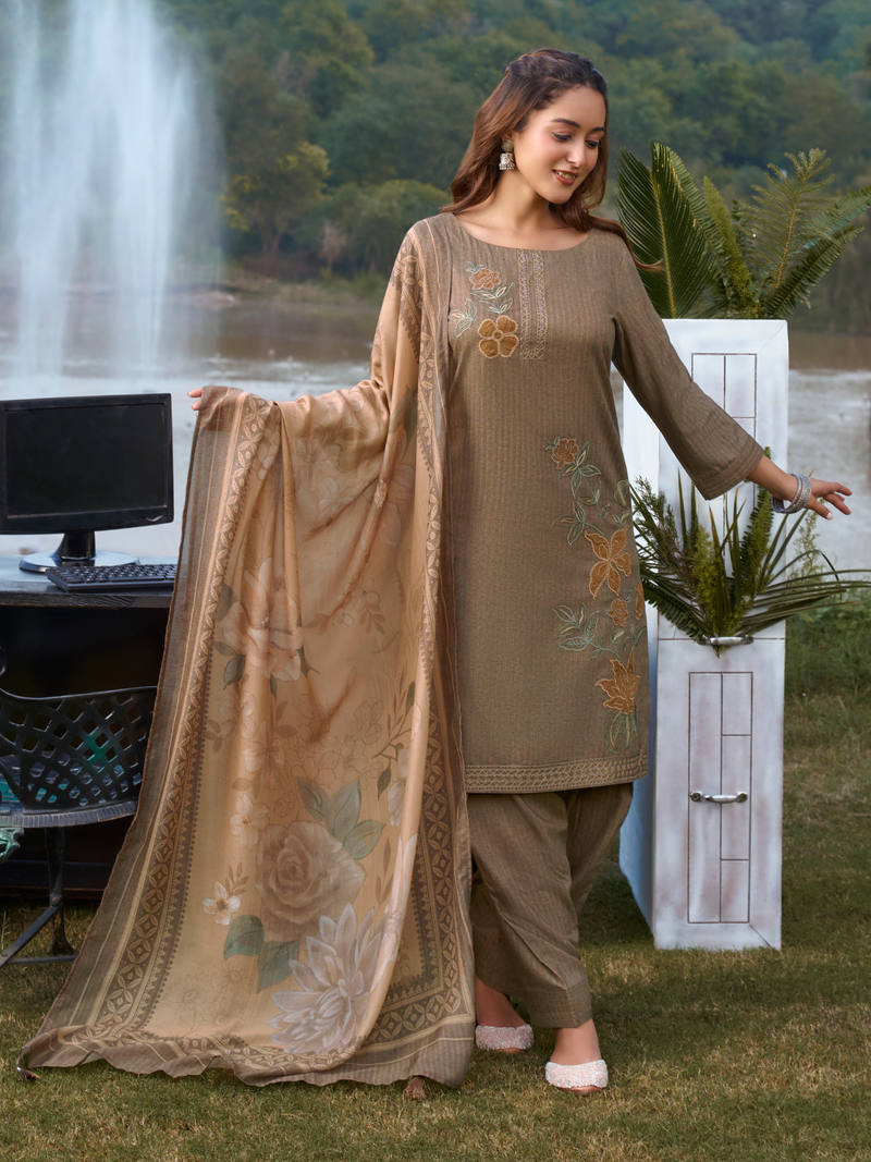 Light Mocha Printed Cottswool Embroidered Unstitched Suit Set with Shawl