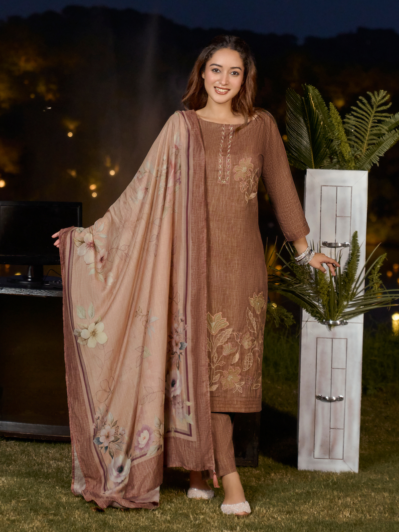 Mocha Printed Cottswool Embroidered Unstitched Suit Set with Shawl