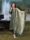 Green Printed Cottswool Embroidered Unstitched Suit Set with Shawl