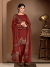 Deep Red Organza Printed Aari-Embroidered Unstitched Suit Set