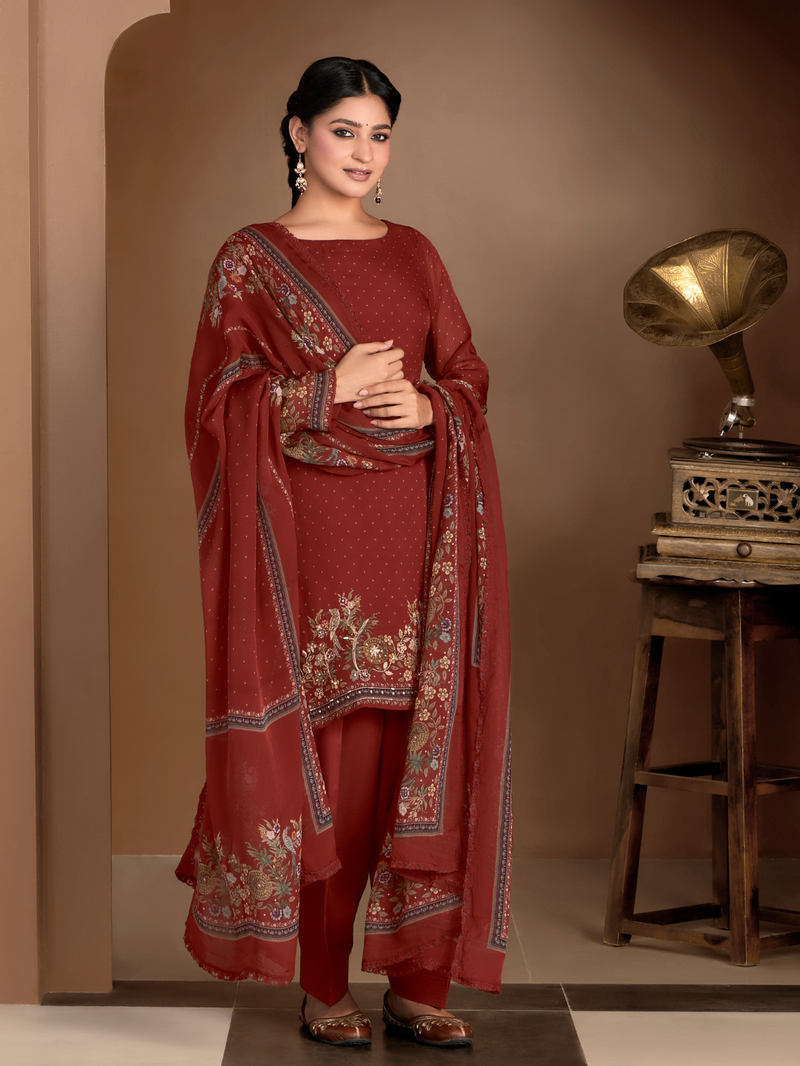 Deep Red Organza Printed Aari-Embroidered Unstitched Suit Set