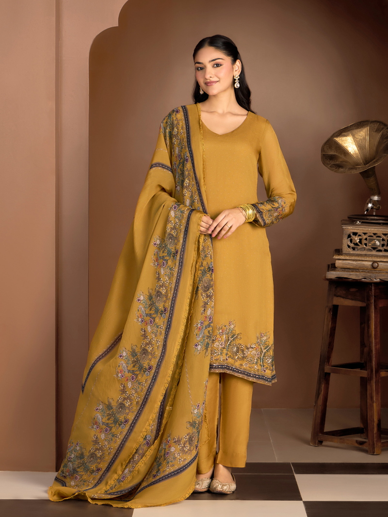 Mustard Organza Printed Aari-Embroidered Unstitched Suit Set