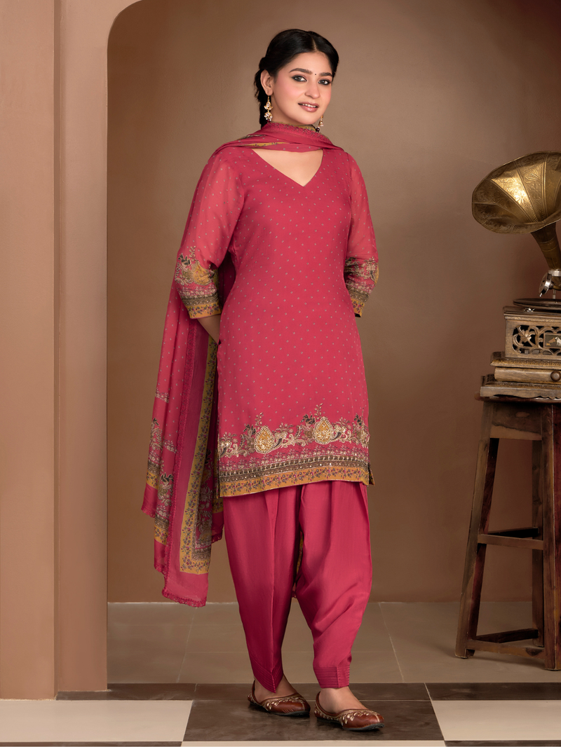 Bliss Pink Organza Printed Aari-Embroidered Unstitched Suit Set