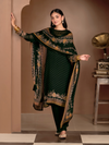 Dark Forest Green Organza Printed Aari-Embroidered Unstitched Suit Set