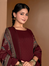 Dark Reddish-Purple Organza Printed Aari-Embroidered Unstitched Suit Set