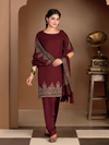 Dark Reddish-Purple Organza Printed Aari-Embroidered Unstitched Suit Set