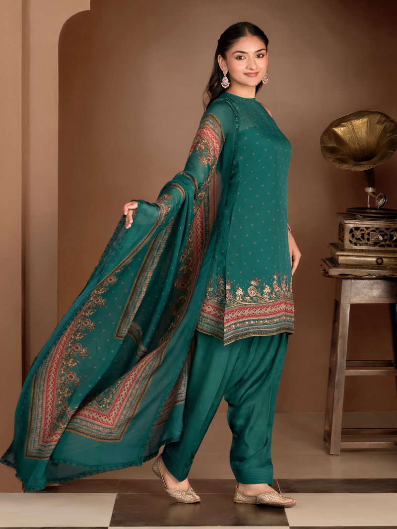 Pine-Green Organza Printed Aari-Embroidered Unstitched Suit Set