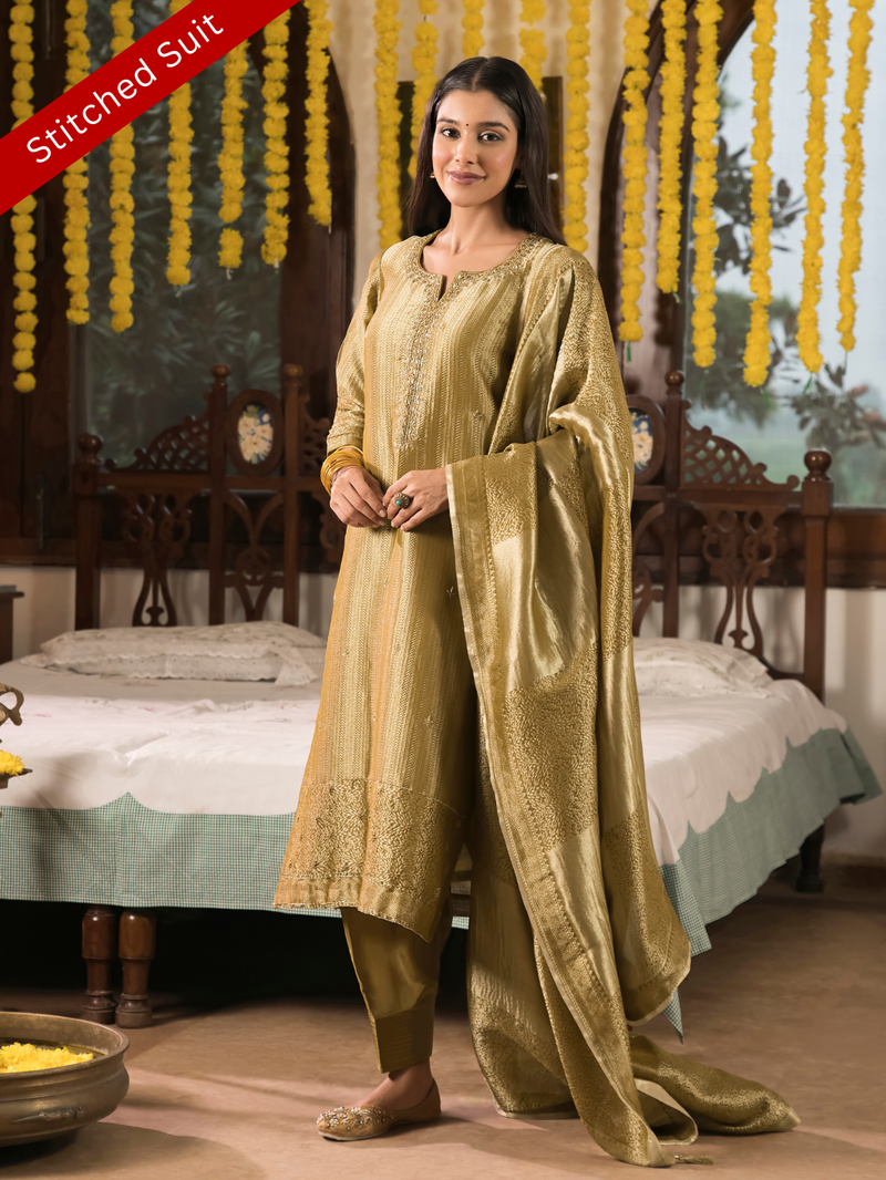 Gold Mustard Jamawar Silk Stitched Suit Set with Golden Embroidery