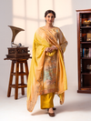 Minnon Yellow Printed Silk Unstitched Suit Set with Patch & Embroidered