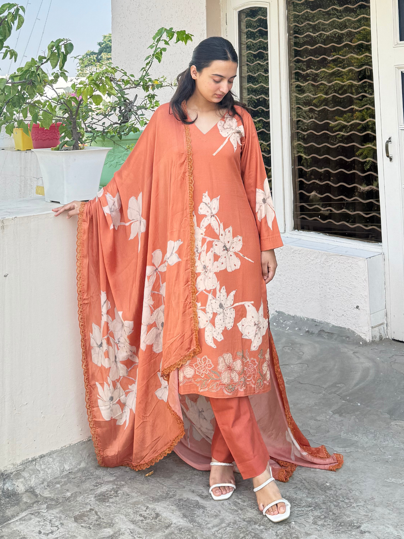Tangerine Printed Cottswool Hand-Embroidered Unstitched Suit Set
