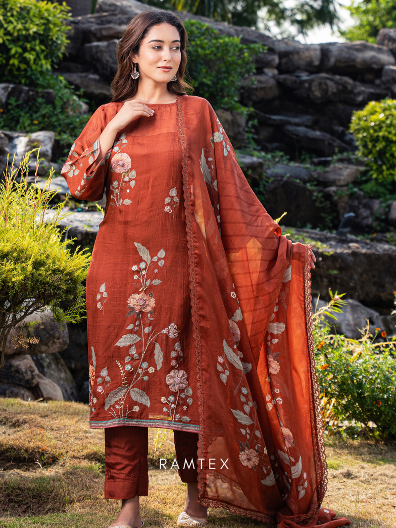 Rust Organza Printed Hand-Embroidered Unstitched Suit Set