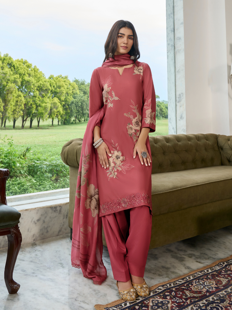 Rouge Pink Printed Cottswool Embroidered Unstitched Suit Set with Shawl