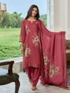 Rouge Pink Printed Cottswool Embroidered Unstitched Suit Set with Shawl