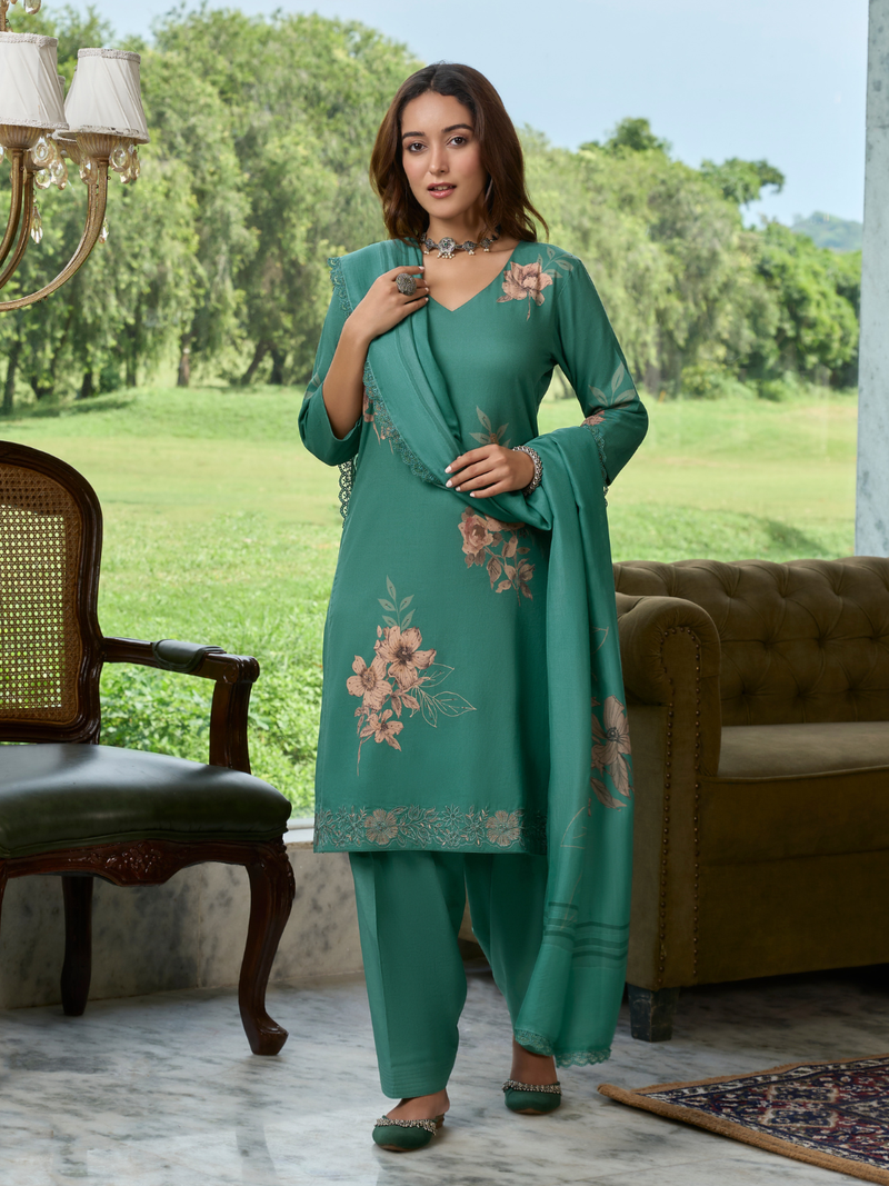 Green Printed Cottswool Embroidered Unstitched Suit Set with Shawl