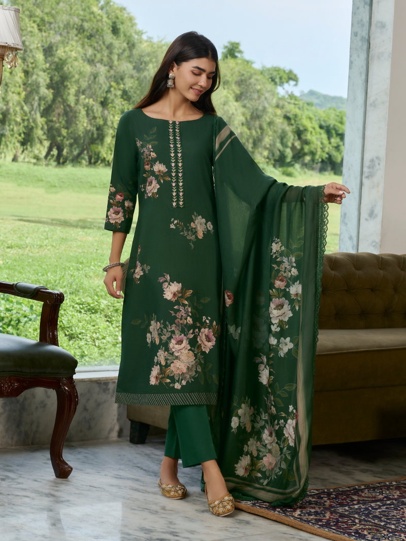 Dark Green Printed Cottswool Embroidered Unstitched Suit Set with Shawl