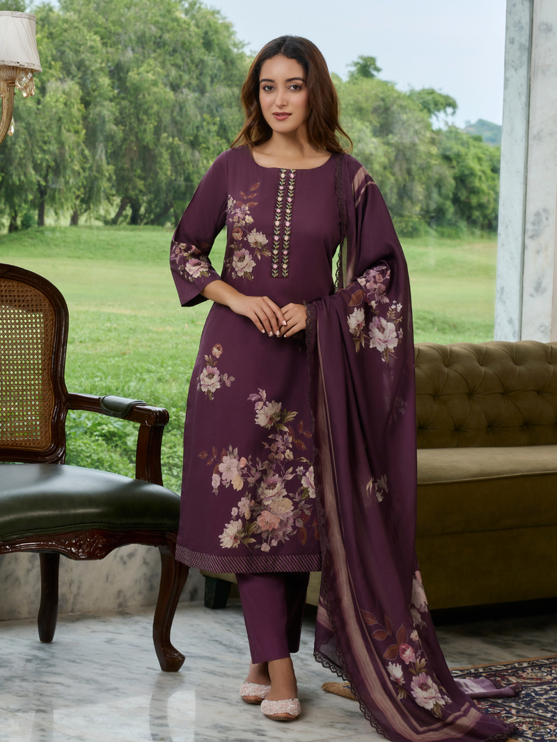 Deep Mauve Printed Cottswool Embroidered Unstitched Suit Set with Shawl