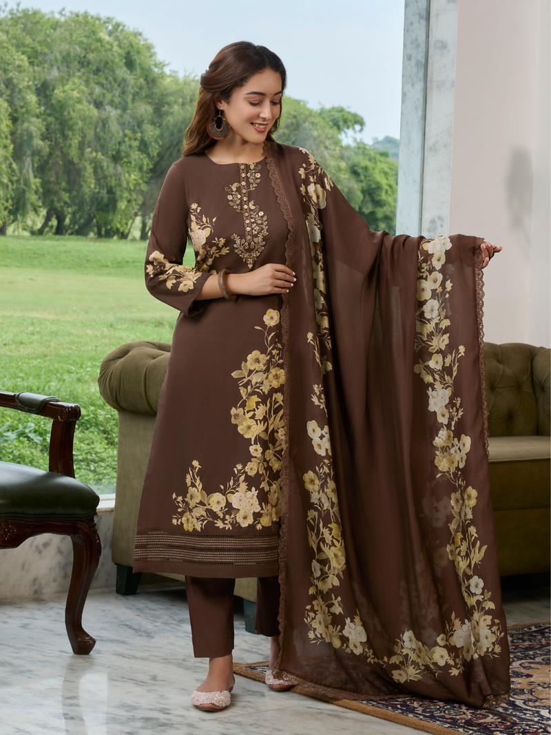 Mocha Printed Cottswool Embroidered Unstitched Suit Set with Shawl