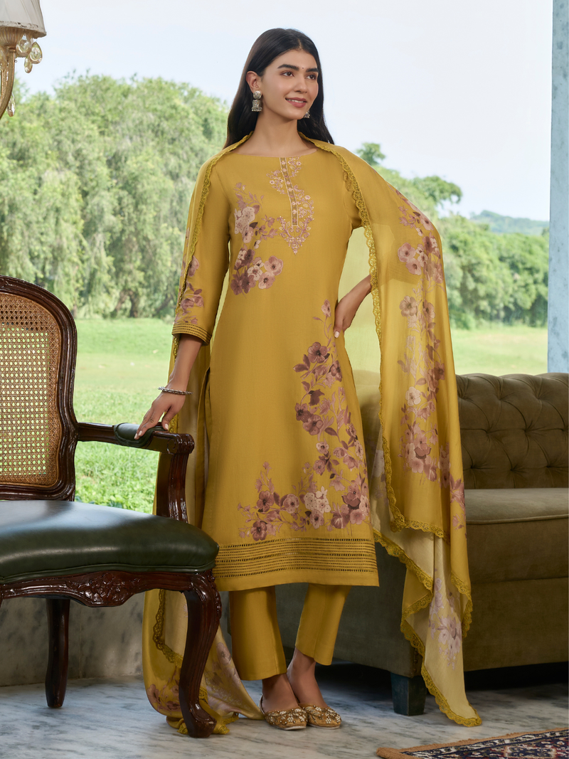 Mustard Printed Cottswool Embroidered Unstitched Suit Set with Shawl