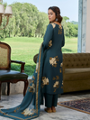Peacock Teal Printed Cottswool Embroidered Unstitched Suit Set with Shawl