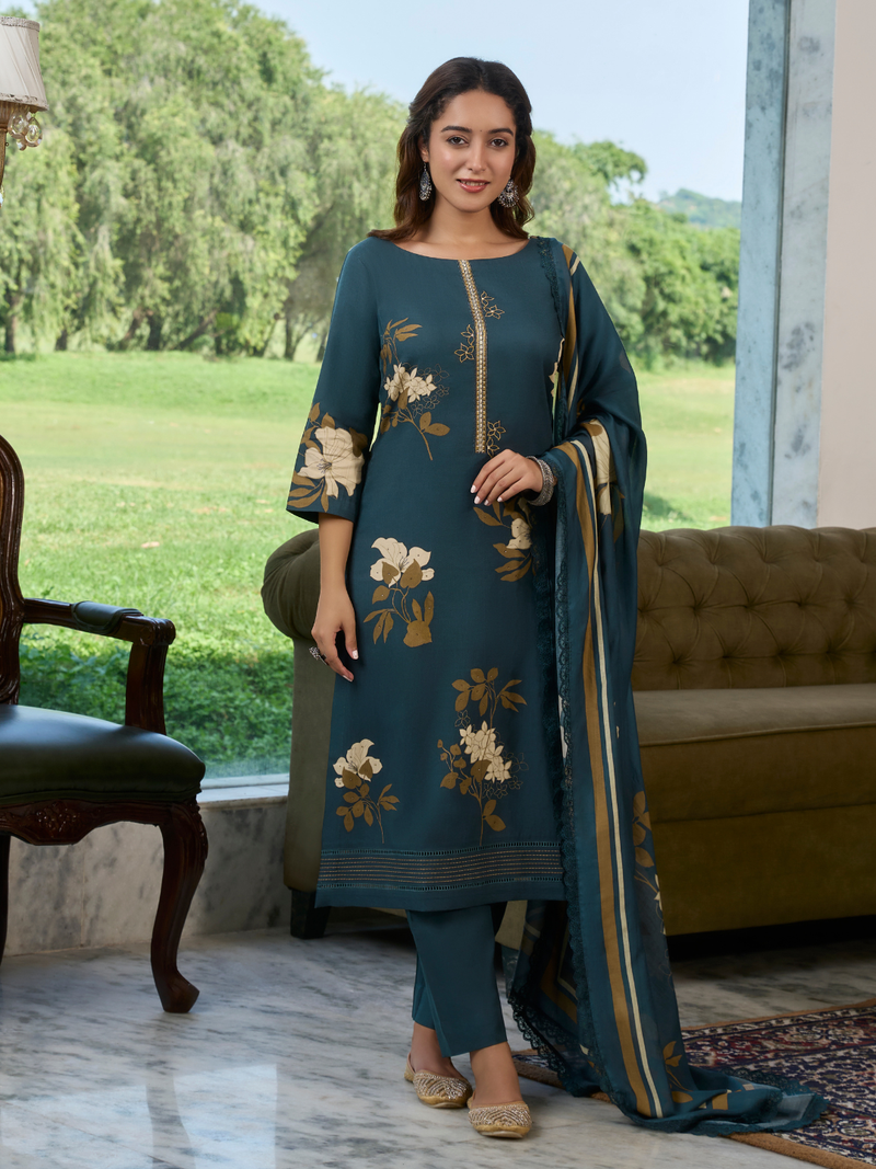 Peacock Teal Printed Cottswool Embroidered Unstitched Suit Set with Shawl