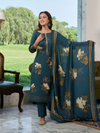Peacock Teal Printed Cottswool Embroidered Unstitched Suit Set with Shawl