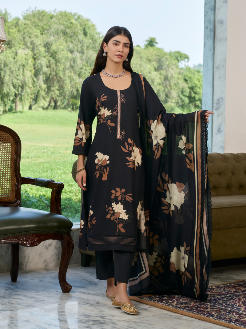 Black Printed Cottswool Embroidered Unstitched Suit Set with Shawl
