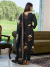 Black Printed Cottswool Embroidered Unstitched Suit Set with Shawl