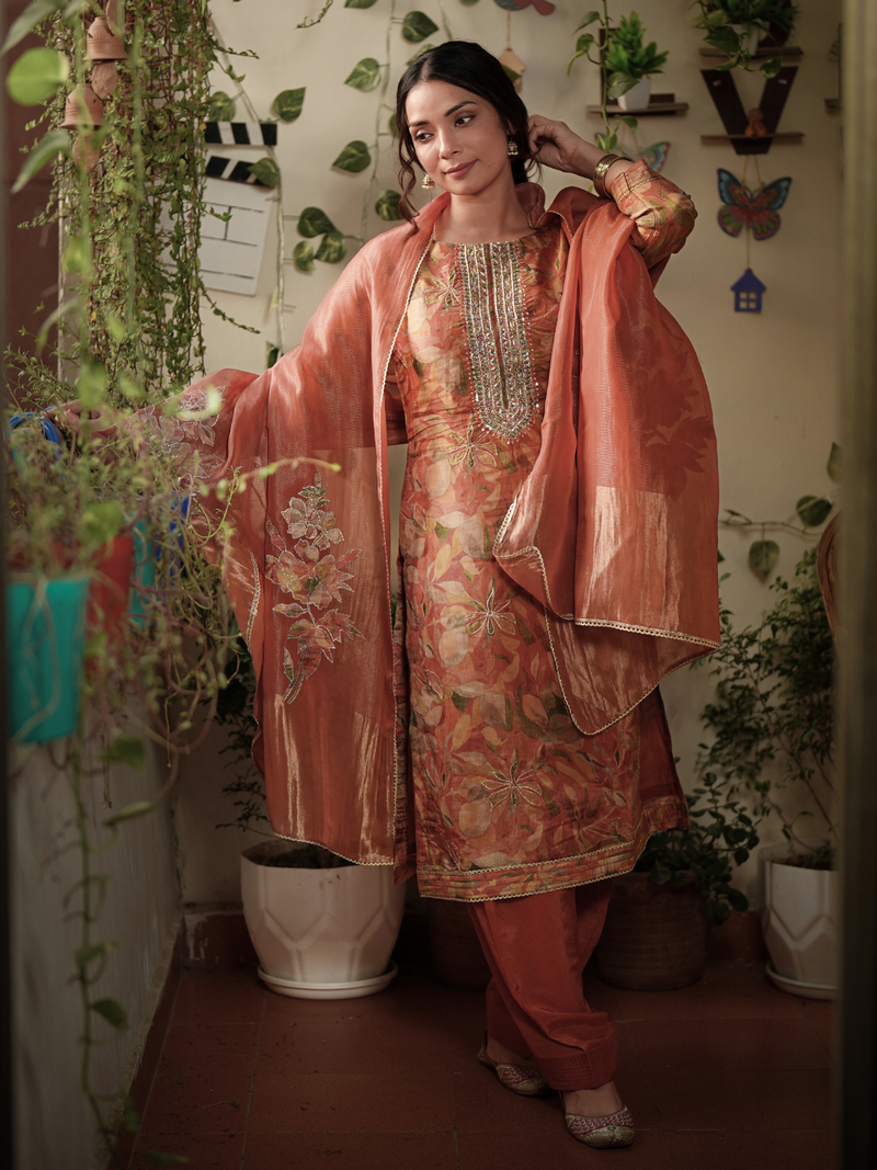 Coral Pink Silk Party Wear Unstitched Suit Set with Hand-Embroidered