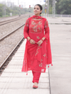 Red Organza Printed Aari-Embroidered Unstitched Suit Set