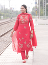Red Organza Printed Aari-Embroidered Unstitched Suit Set