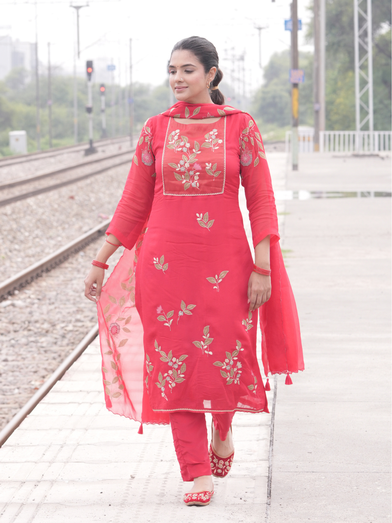 Red Organza Printed Aari-Embroidered Unstitched Suit Set