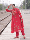 Red Organza Printed Aari-Embroidered Unstitched Suit Set